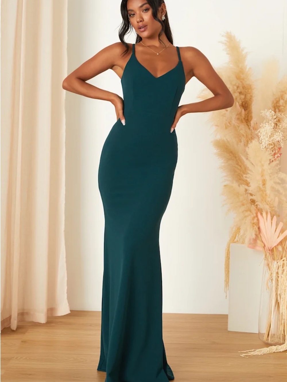 Lulu's Teal Spaghetti Strap V-Neck Dress